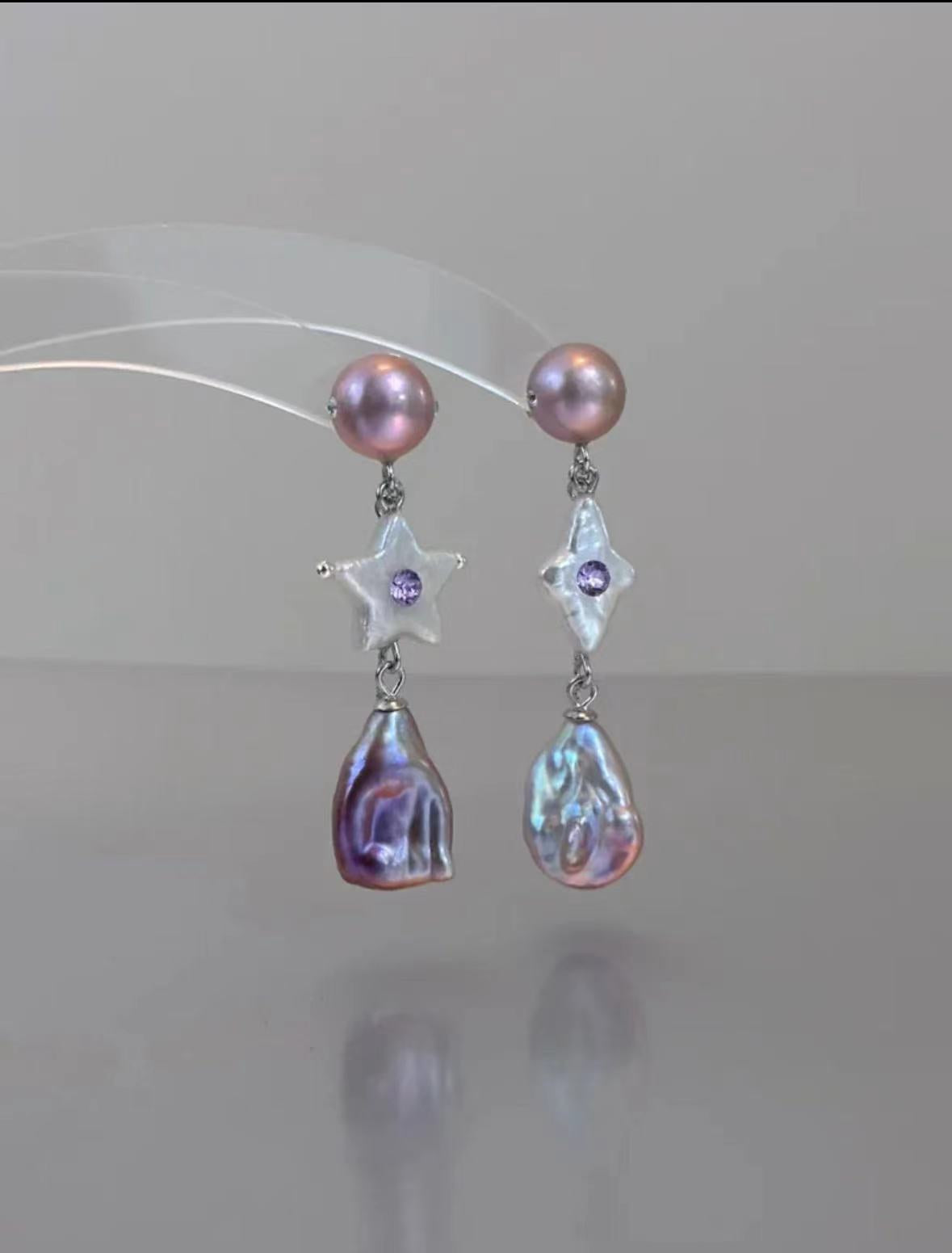 Furina Candy Stars . Colorful Baroque Pearl Austrian Crystal Asymmetrical Earrings