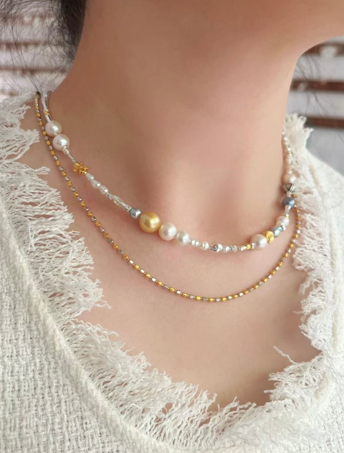 FURINA JEWELRY Original South Sea Gold Pearl, Tahitian, and Natural Baroque Pearl Necklace - A Unique, Contrasting Color, High-End and Stylish Neck Chain