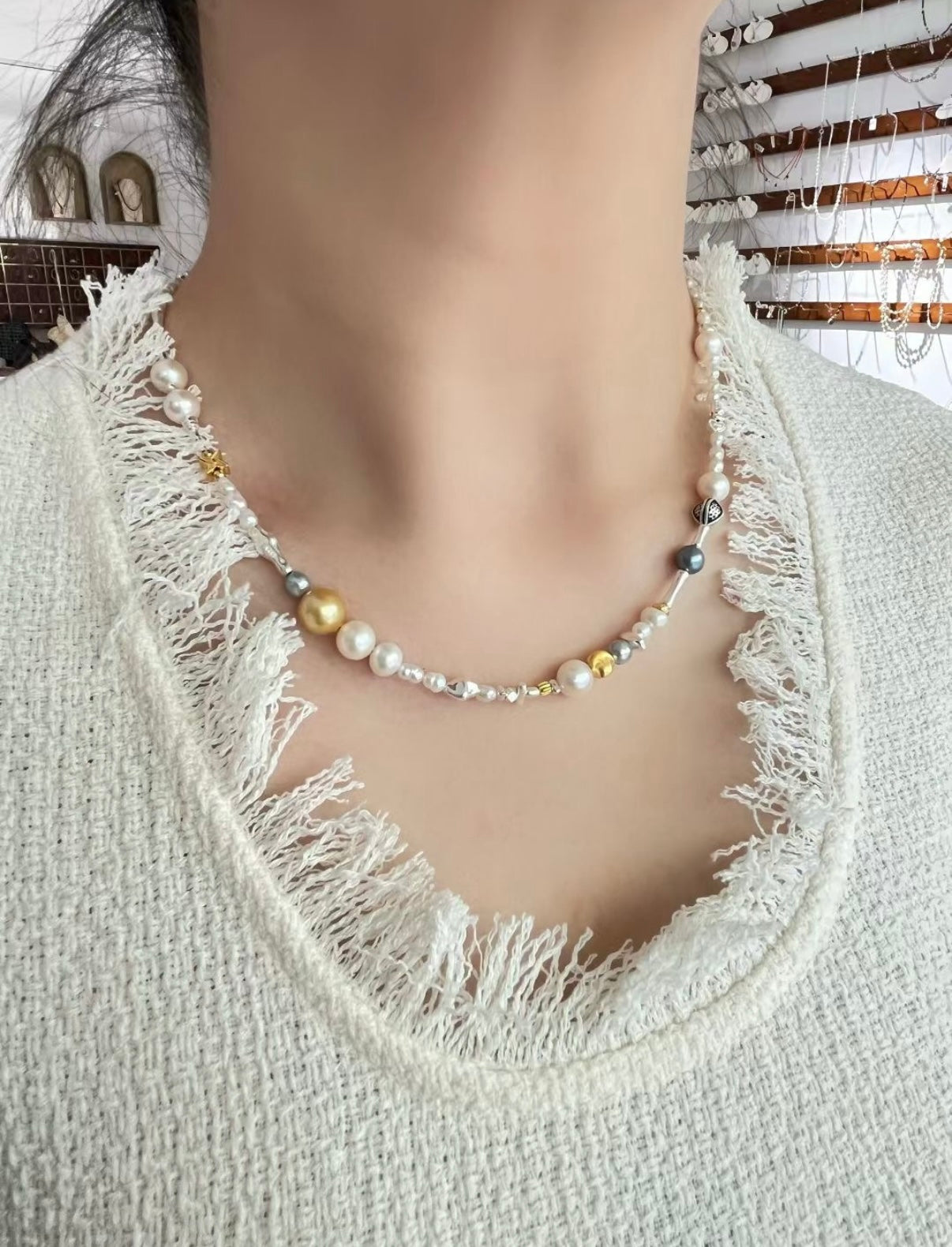 FURINA JEWELRY Original South Sea Gold Pearl, Tahitian, and Natural Baroque Pearl Necklace - A Unique, Contrasting Color, High-End and Stylish Neck Chain