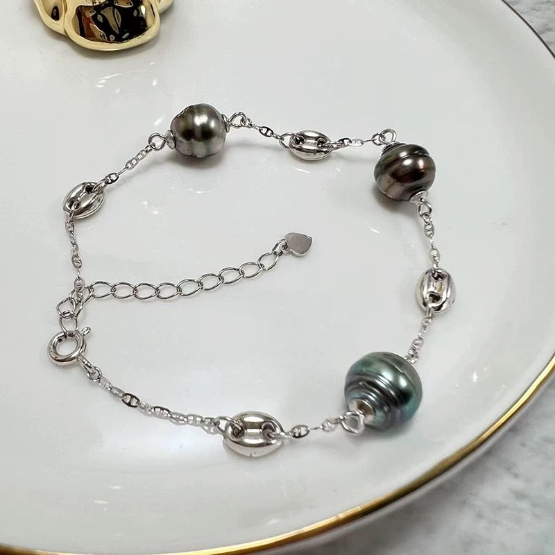 FURINA JEWELRY S925 silver, sea water from Tahiti, Baroque-style star-shaped bracelet and necklace, natural sea water pearls
