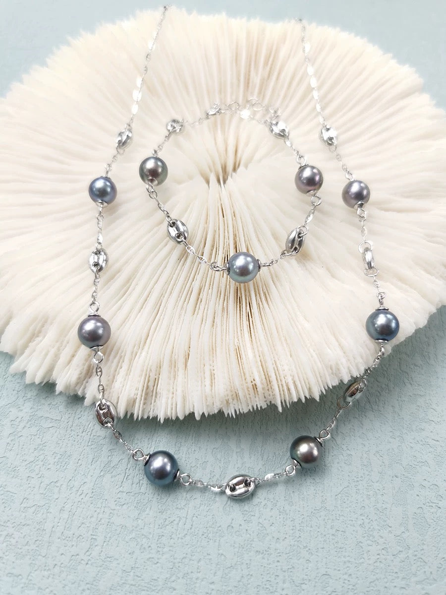 FURINA JEWELRY S925 silver, sea water from Tahiti, Baroque-style star-shaped bracelet and necklace, natural sea water pearls