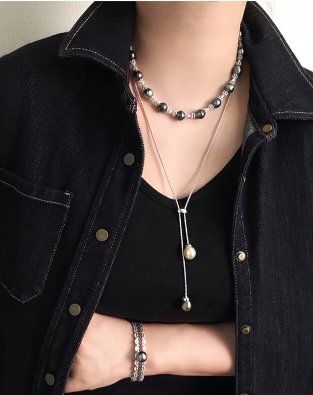 FURINA JEWELRY 925 silver sea pearl Tahitian black pearl rope-shaped pendant necklace, bracelet, bangle, stud earring set - original design