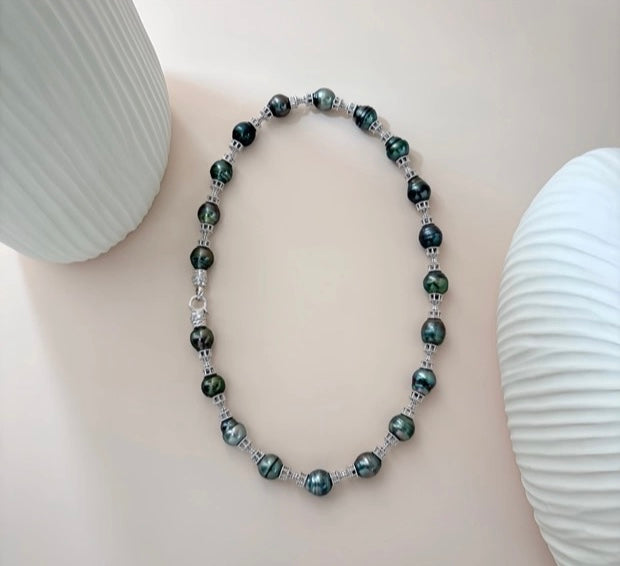 FURINA JEWELRY 925 silver sea pearl Tahitian black pearl rope-shaped pendant necklace, bracelet, bangle, stud earring set - original design