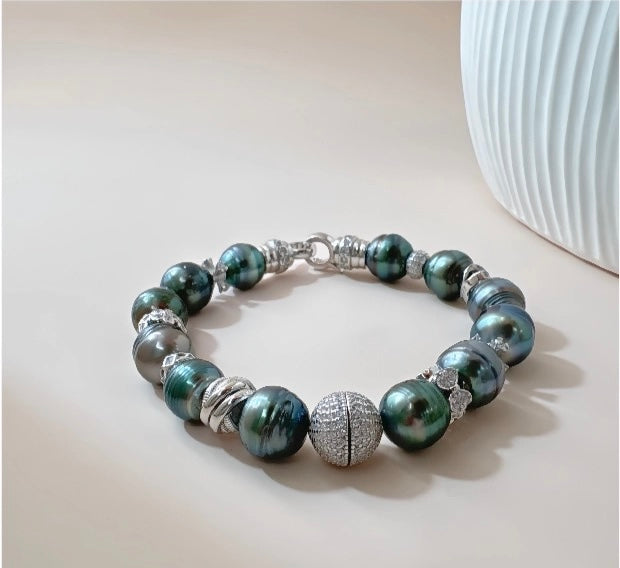 FURINA JEWELRY 925 silver sea pearl Tahitian black pearl rope-shaped pendant necklace, bracelet, bangle, stud earring set - original design