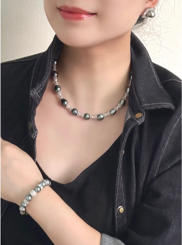 FURINA JEWELRY 925 silver sea pearl Tahitian black pearl rope-shaped pendant necklace, bracelet, bangle, stud earring set - original design