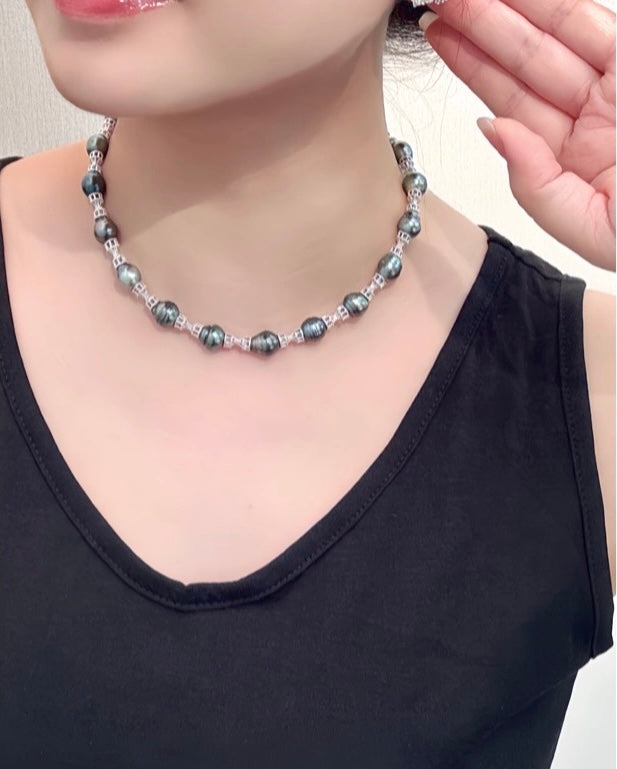 FURINA JEWELRY 925 silver sea pearl Tahitian black pearl rope-shaped pendant necklace, bracelet, bangle, stud earring set - original design