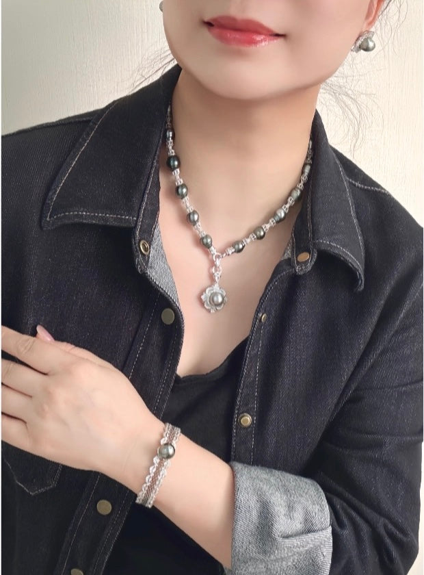 FURINA JEWELRY 925 silver sea pearl Tahitian black pearl rope-shaped pendant necklace, bracelet, bangle, stud earring set - original design
