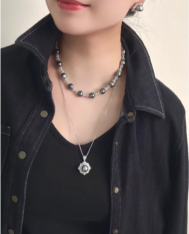 FURINA JEWELRY 925 silver sea pearl Tahitian black pearl rope-shaped pendant necklace, bracelet, bangle, stud earring set - original design