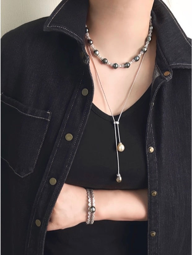 FURINA JEWELRY 925 silver sea pearl Tahitian black pearl rope-shaped pendant necklace, bracelet, bangle, stud earring set - original design