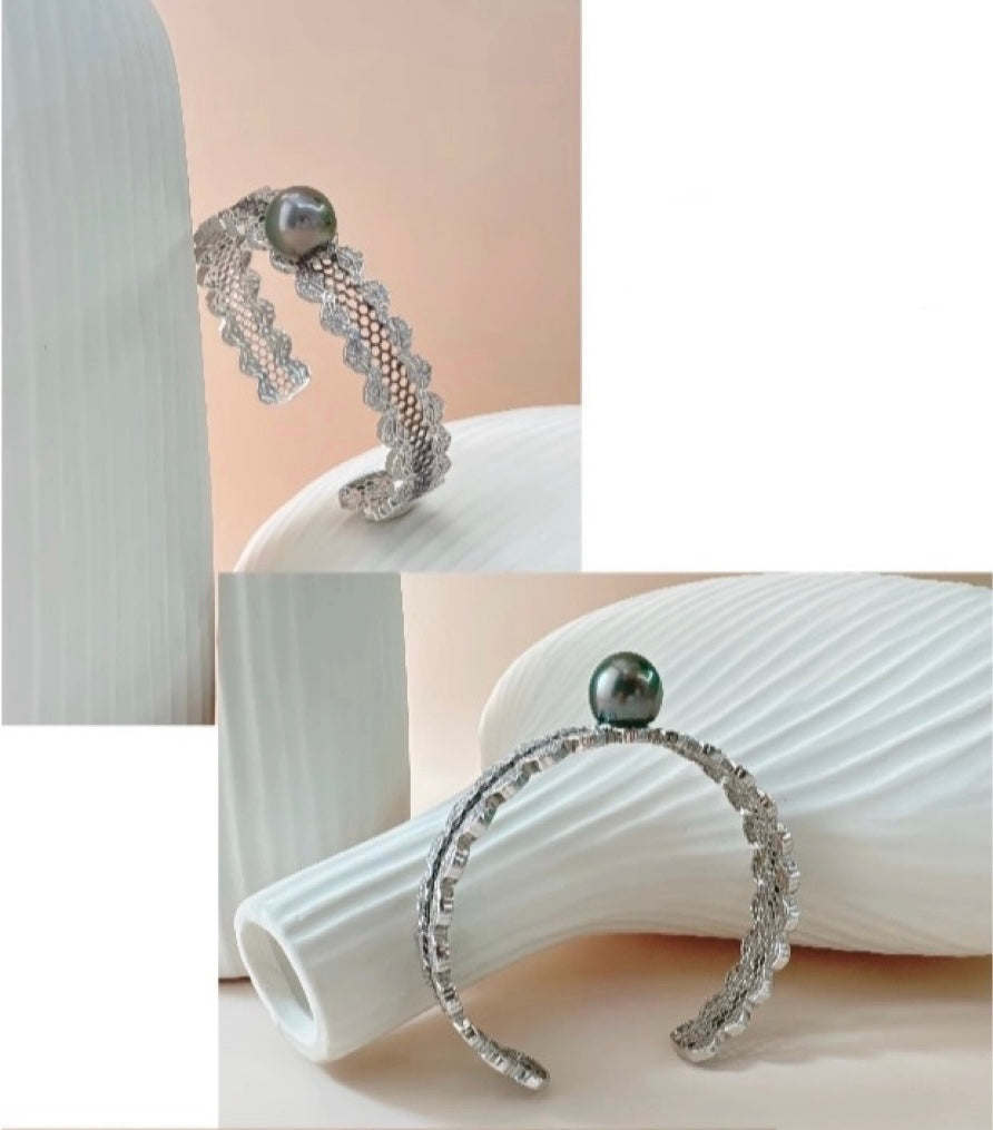 FURINA JEWELRY 925 silver sea pearl Tahitian black pearl rope-shaped pendant necklace, bracelet, bangle, stud earring set - original design