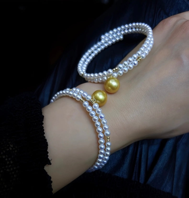 FURINA JEWELRY 18k gold NanYang gold bead freshwater AK pearl bracelet with double rings and multiple layers of natural pearls. Original design.