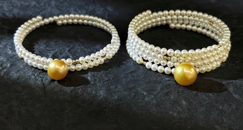 FURINA JEWELRY 18k gold NanYang gold bead freshwater AK pearl bracelet with double rings and multiple layers of natural pearls. Original design.