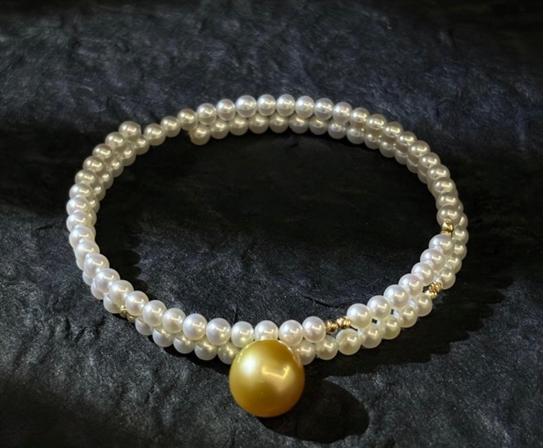 FURINA JEWELRY 18k gold NanYang gold bead freshwater AK pearl bracelet with double rings and multiple layers of natural pearls. Original design.