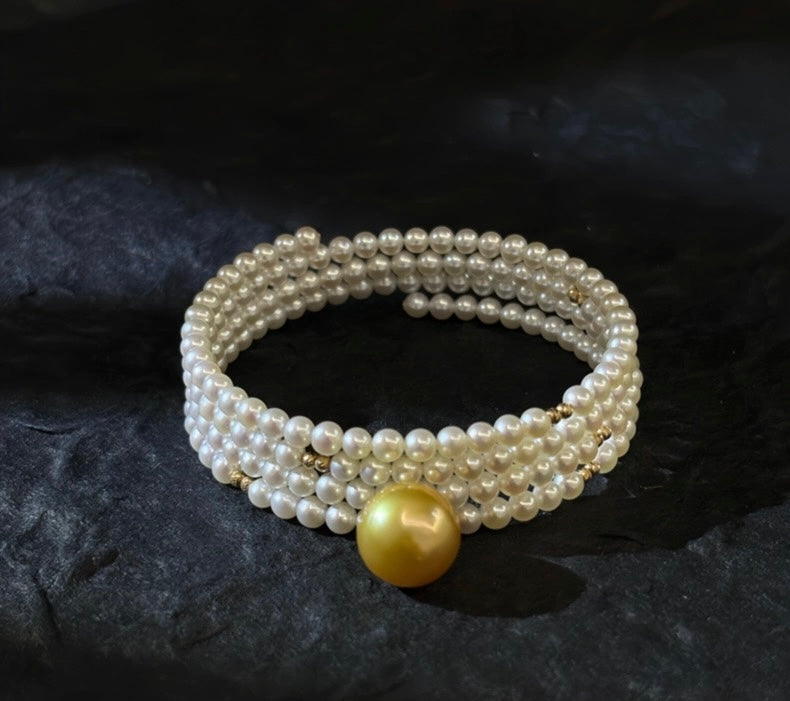 FURINA JEWELRY 18k gold NanYang gold bead freshwater AK pearl bracelet with double rings and multiple layers of natural pearls. Original design.