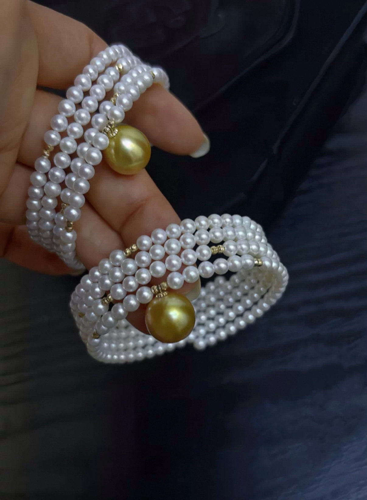FURINA JEWELRY 18k gold NanYang gold bead freshwater AK pearl bracelet with double rings and multiple layers of natural pearls. Original design.