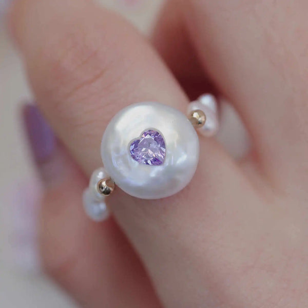 FURINA JEWELRY Chic Purple Heart Pearl Ring - Sophisticated Commemorative Accessory(AA)