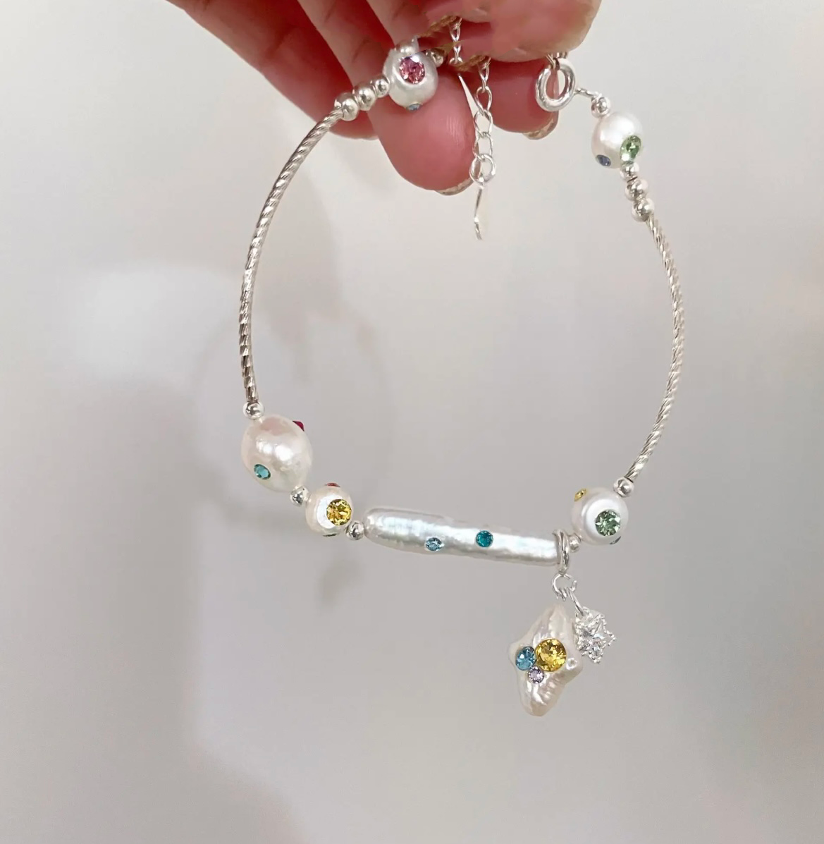 Furina Natural freshwater pearl inlaid with heart gemstone star collarbone bracelet 925S silver chain