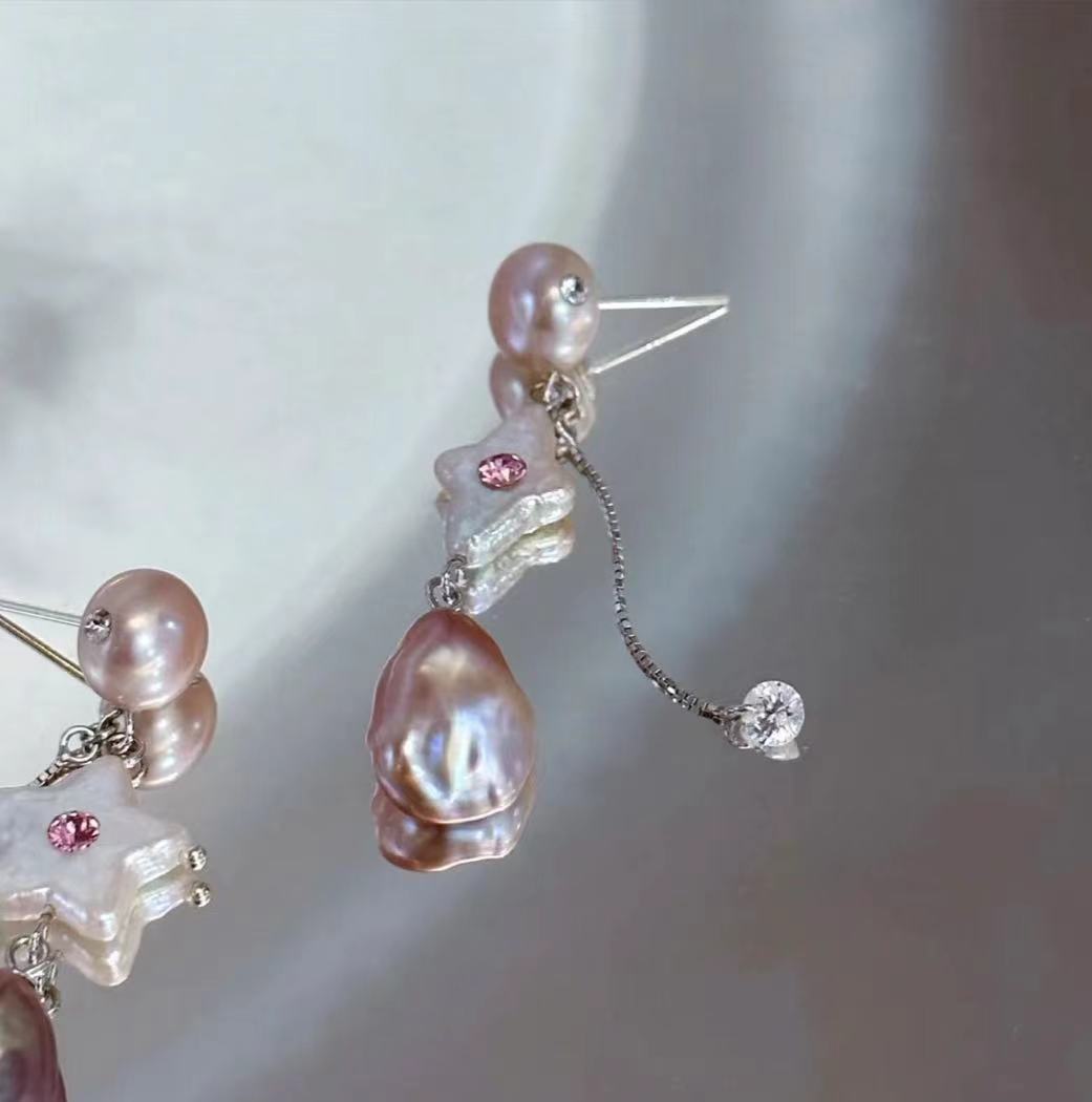 Furina Candy Stars . Colorful Baroque Pearl Austrian Crystal Asymmetrical Earrings