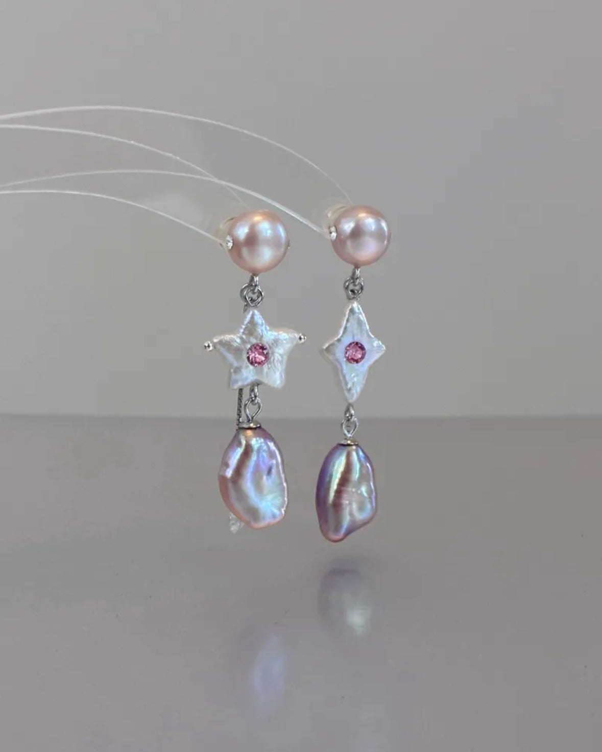 Furina Candy Stars . Colorful Baroque Pearl Austrian Crystal Asymmetrical Earrings