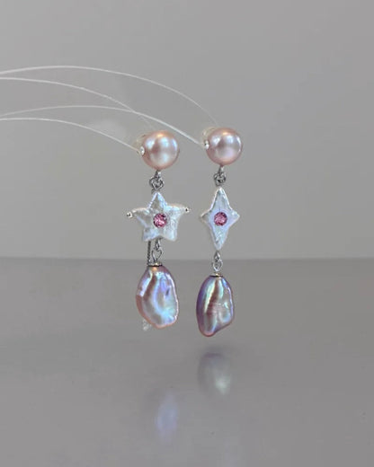 Furina Candy Stars . Colorful Baroque Pearl Austrian Crystal Asymmetrical Earrings