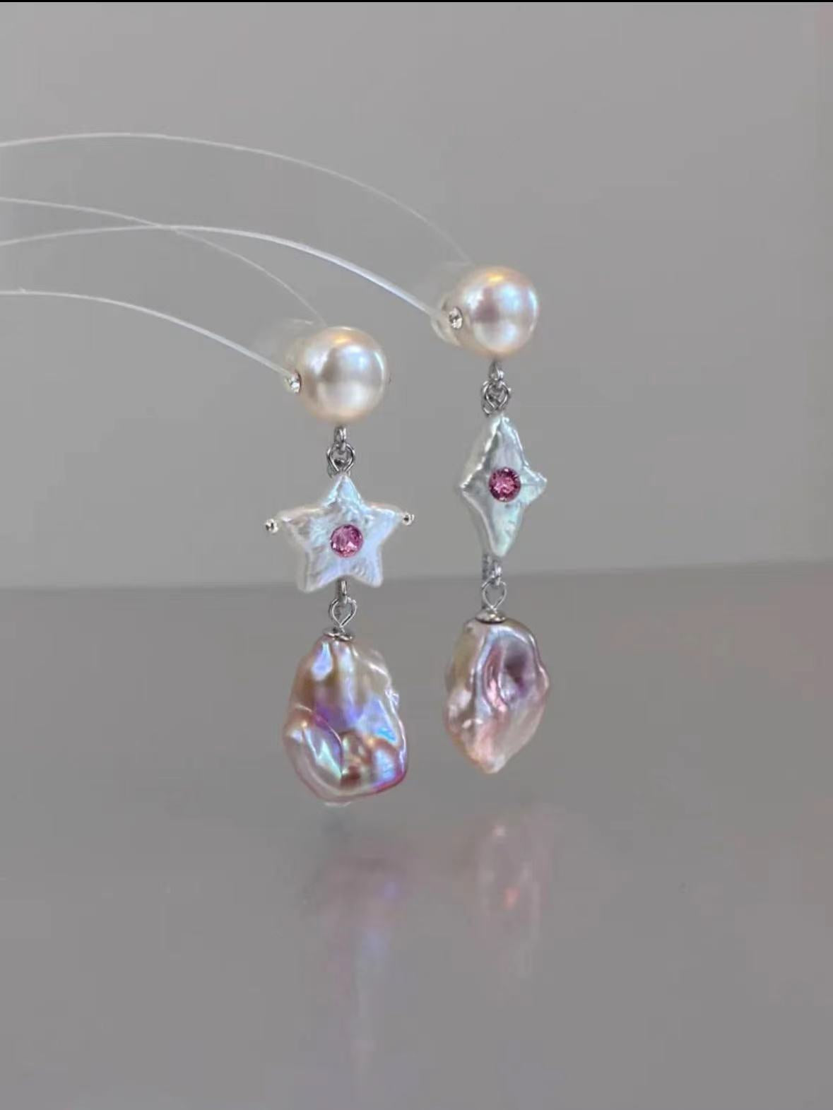 Furina Candy Stars . Colorful Baroque Pearl Austrian Crystal Asymmetrical Earrings