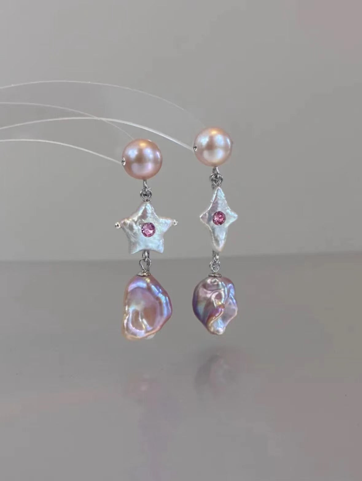 Furina Candy Stars . Colorful Baroque Pearl Austrian Crystal Asymmetrical Earrings