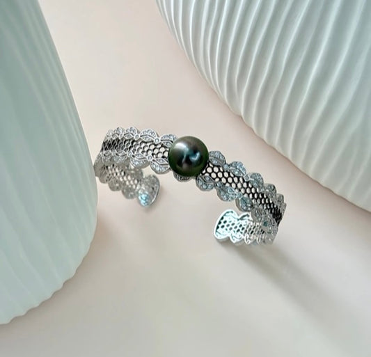 FURINA JEWELRY 925 silver sea pearl Tahitian black pearl rope-shaped pendant necklace, bracelet, bangle, stud earring set - original design