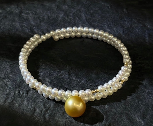 FURINA JEWELRY 18k gold NanYang gold bead freshwater AK pearl bracelet with double rings and multiple layers of natural pearls. Original design.