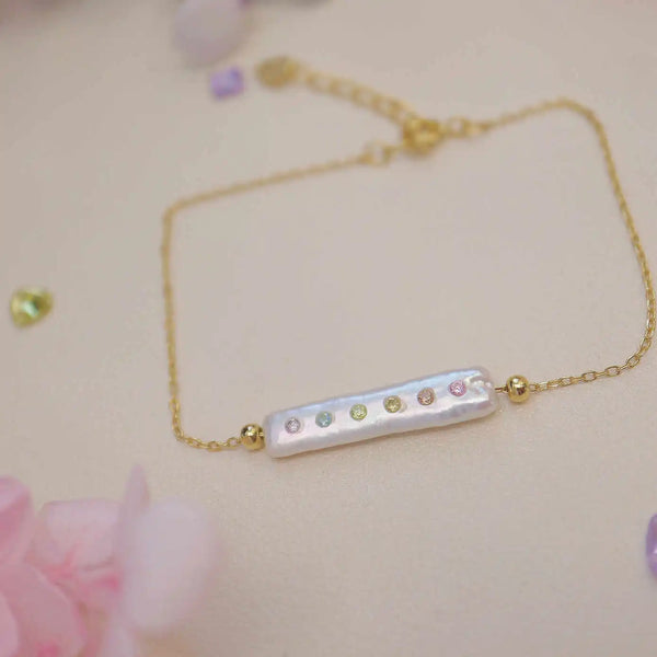 FURINA JEWELRY Rainbow Jewel-Encrusted Pearl Bracelet - Sterling Silver Elegance(AA)