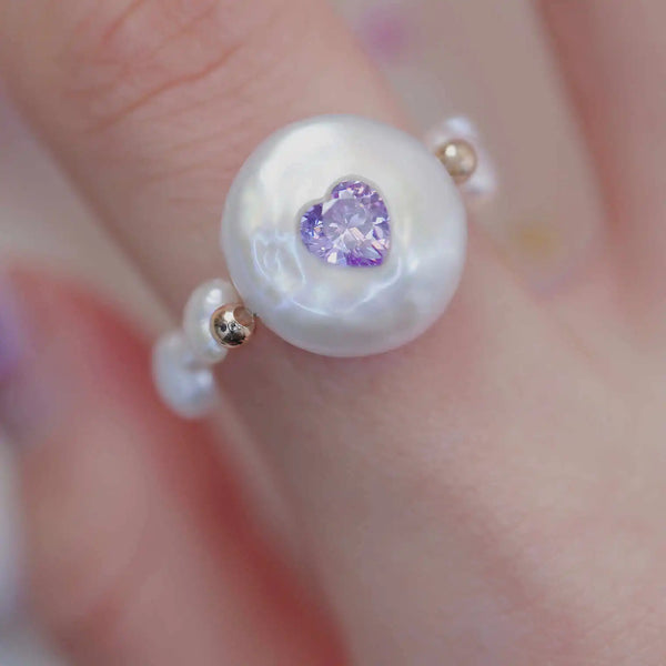 FURINA JEWELRY Chic Purple Heart Pearl Ring - Sophisticated Commemorative Accessory(AA)