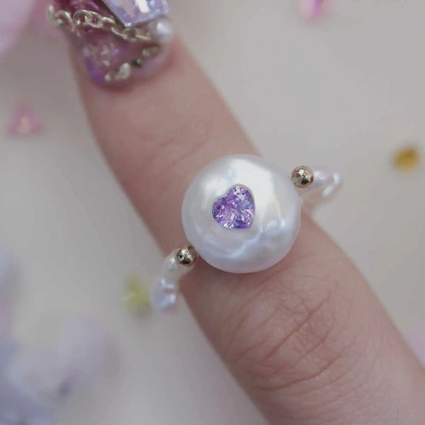 FURINA JEWELRY Chic Purple Heart Pearl Ring - Sophisticated Commemorative Accessory(AA)