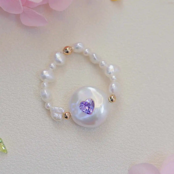 FURINA JEWELRY Chic Purple Heart Pearl Ring - Sophisticated Commemorative Accessory(AA)
