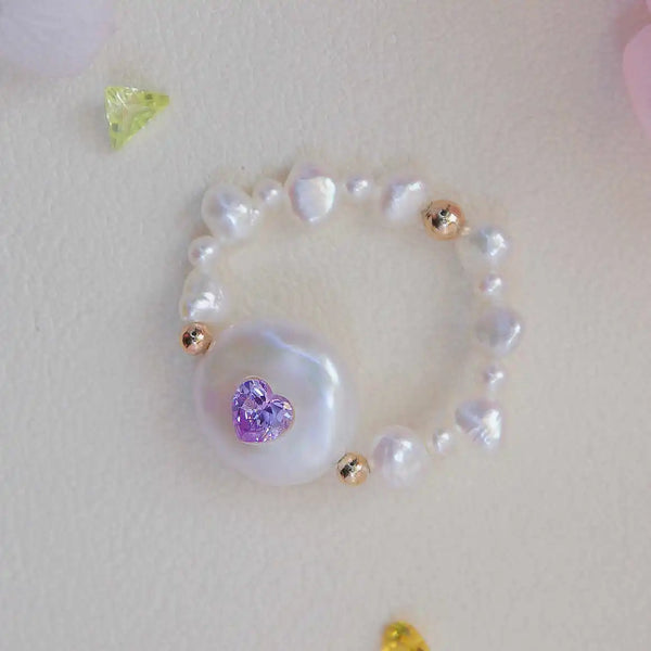 FURINA JEWELRY Chic Purple Heart Pearl Ring - Sophisticated Commemorative Accessory(AA)