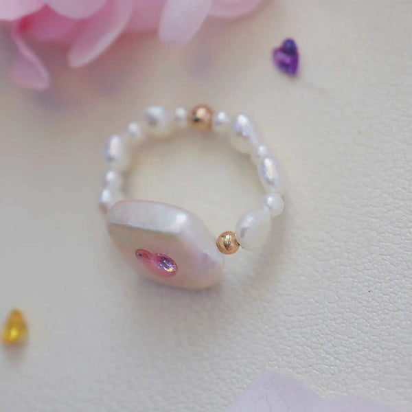 FURINA JEWELRY Delicate Pink Jewelry Pearl Ring - Square Design (AA)