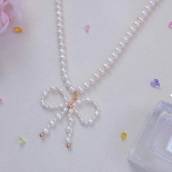 FURINA JEWELRY Exquisite Pearl Necklace with Charming Bowknot(AA)