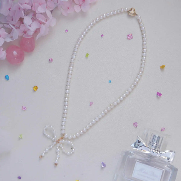 FURINA JEWELRY Exquisite Pearl Necklace with Charming Bowknot(AA)