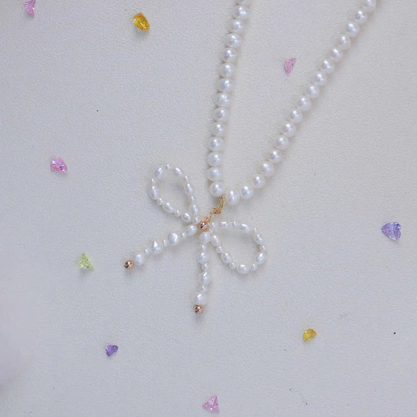 FURINA JEWELRY Exquisite Pearl Necklace with Charming Bowknot(AA)