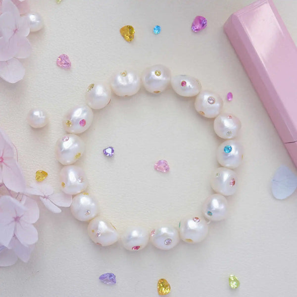 FURINA JEWELRY Opulent Pearl Bracelet with Multicolored Gem Inlays(AA)