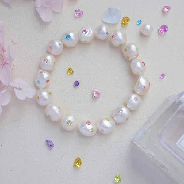 FURINA JEWELRY Opulent Pearl Bracelet with Multicolored Gem Inlays(AA)