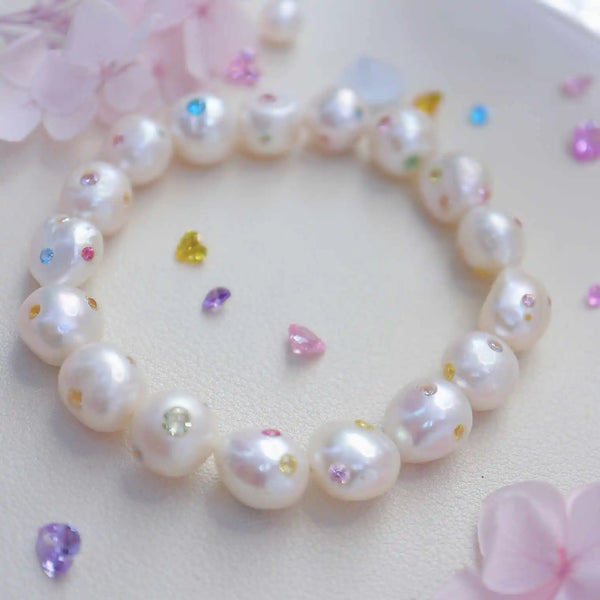 FURINA JEWELRY Opulent Pearl Bracelet with Multicolored Gem Inlays(AA)