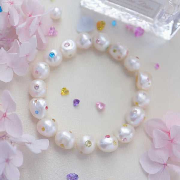 FURINA JEWELRY Opulent Pearl Bracelet with Multicolored Gem Inlays(AA)