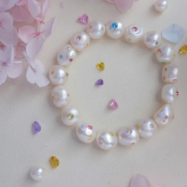 FURINA JEWELRY Opulent Pearl Bracelet with Multicolored Gem Inlays(AA)