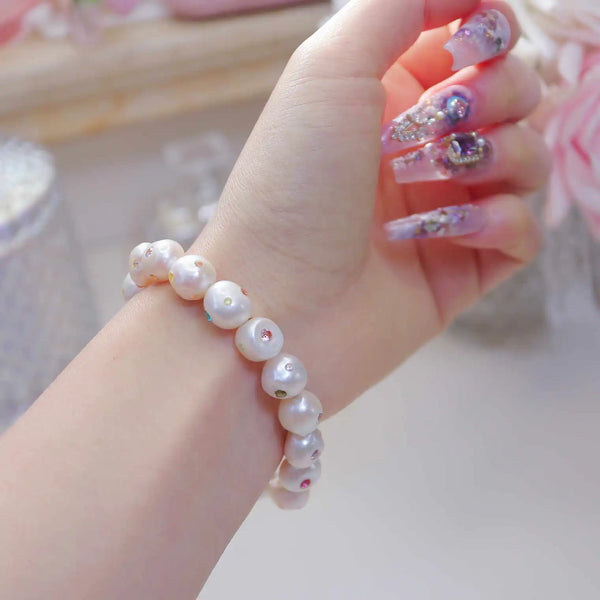 FURINA JEWELRY Opulent Pearl Bracelet with Multicolored Gem Inlays(AA)