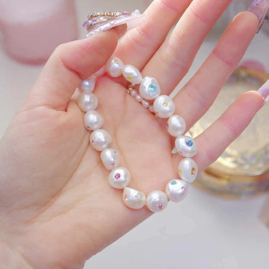 FURINA JEWELRY Opulent Pearl Bracelet with Multicolored Gem Inlays(AA)