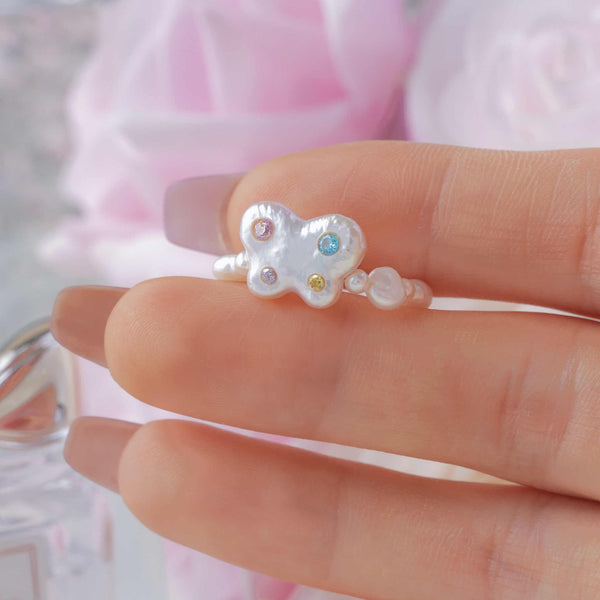FURINA JEWELRY Sweetheart Butterfly Original Natural Baroque Pearl Diamond Ring (AA)
