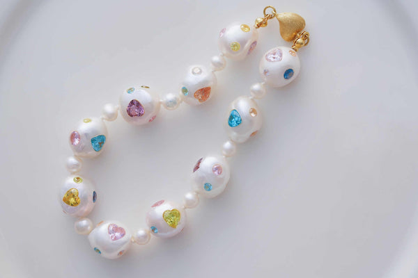 FURINA JEWELRY Pearls & Gems' Heartfelt Wish Original Natural Baroque Pearls and Diamonds Bracelet(AA)