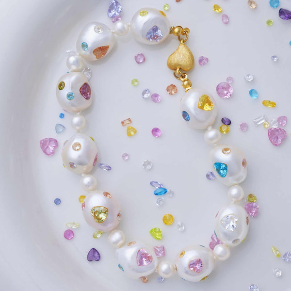 FURINA JEWELRY Pearls & Gems' Heartfelt Wish Original Natural Baroque Pearls and Diamonds Bracelet(AA)