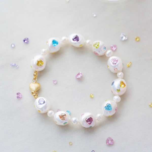 FURINA JEWELRY Pearls & Gems' Heartfelt Wish Original Natural Baroque Pearls and Diamonds Bracelet(AA)