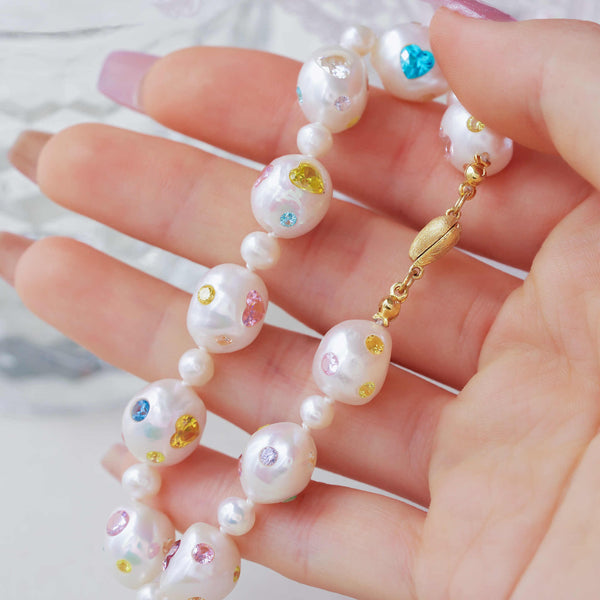 FURINA JEWELRY Pearls & Gems' Heartfelt Wish Original Natural Baroque Pearls and Diamonds Bracelet(AA)
