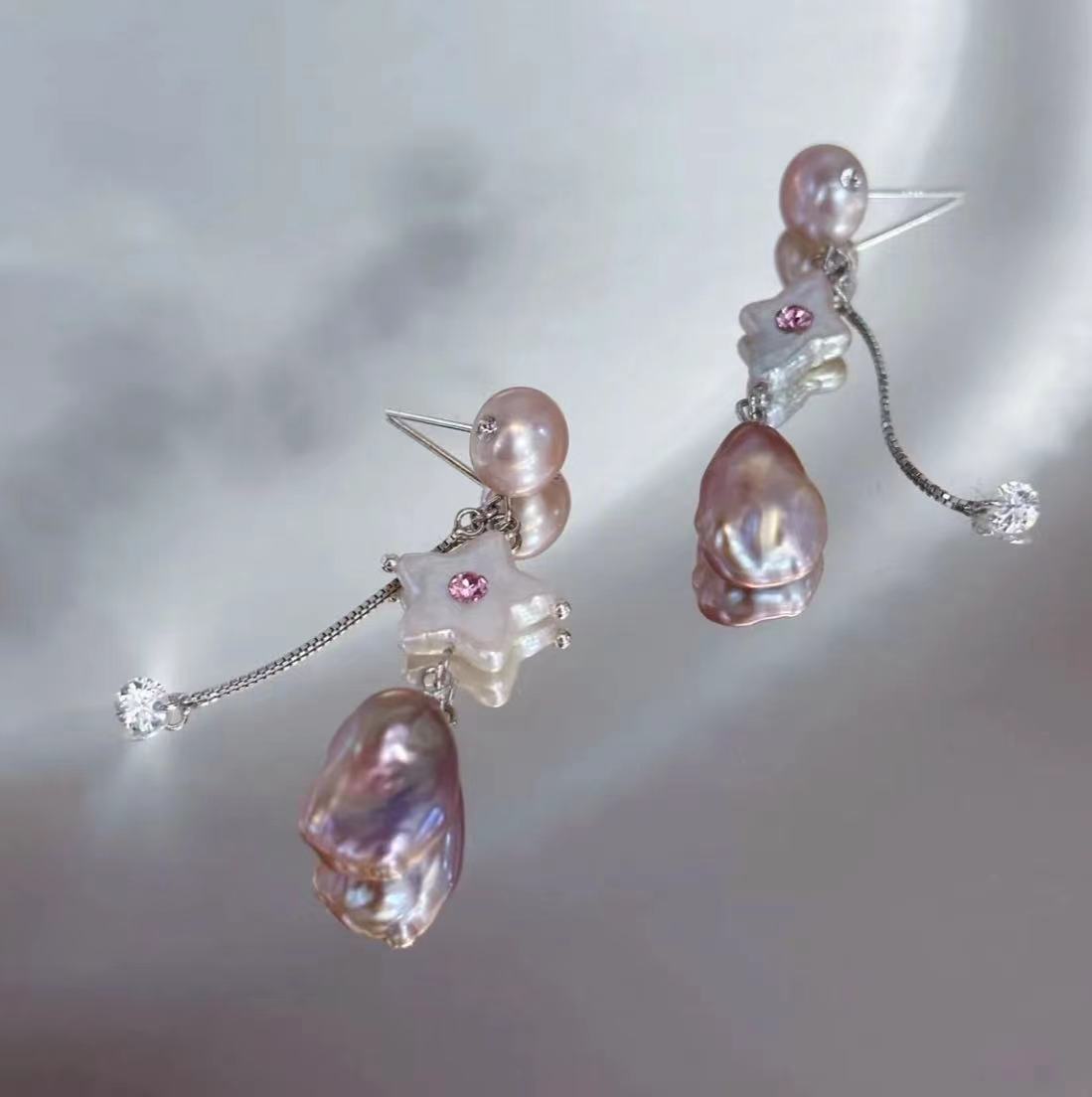 Furina Candy Stars . Colorful Baroque Pearl Austrian Crystal Asymmetrical Earrings